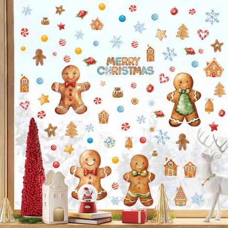 Autocollants pour Fenêtre de Noël, 4 Feuilles Stickers Fenetre Noël, Deco Noel Interieur (Bonhomme Pain d'épice) (1/4)
