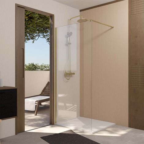 paroi de douche 90x195 cm en verre trempé 5 mm - finition or brossé - gold elementary