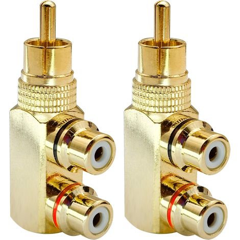 Adaptateur répartiteur RCA en Y à angle droit, connecteur métallique plaqué or, prise RCA mâle à 90 degrés vers 2 prises RCA femelles, adaptateurs audio/vidéo AV TV (lot de 2 / 1 vers 2) (1/5)