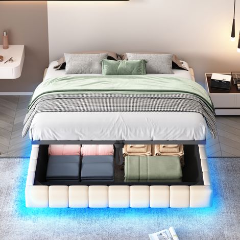 Lit rembourré 160×200cm lin beige,cadre flottant hydraulique rangement,LED intégrée,sans tête de lit,lit double multifonctionnel design moderne