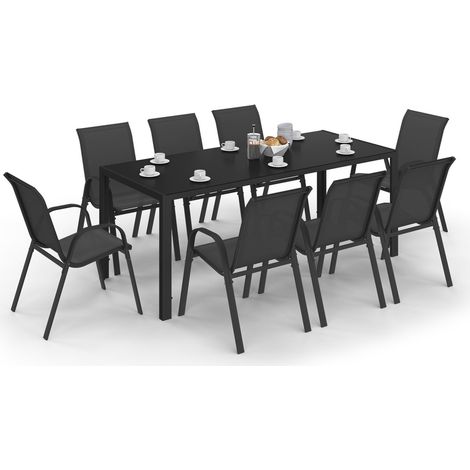 Idmarket – Ensemble table et 8 chaises empilables – Table 190 cm en verre trempé – Structure acier noir – Dossier et assise textilène noir