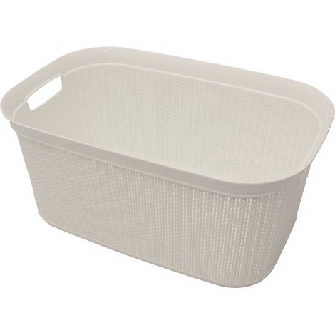 Knit Design Loop Plastic Rectangular Linen Washing Basket with Handles, Ivory (1/3)