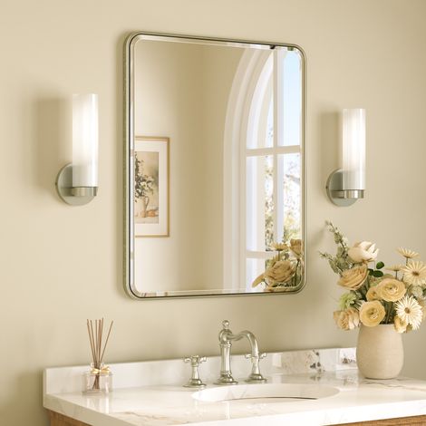 Keonjinn Wandspiegel rechteckig 61x76cm, Alurahmen, Nickel, Badspiegel mit runden Ecken und abgeschrägten Kanten, HD-gehärtetes Glas, modernes Design, für Bad, Wohnzimmer & Schlafzimmer (1/5)