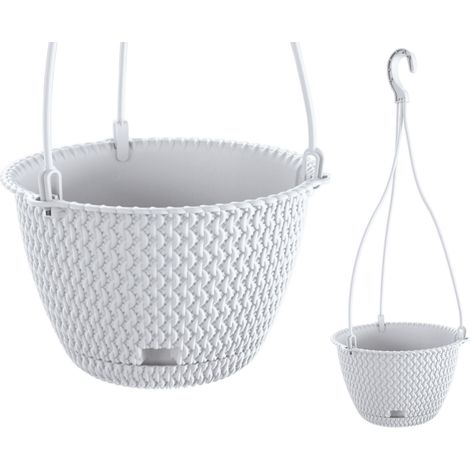 DSPW230-S449 Runder Rattan-Blumentopf 3L zum Aufhängen, weiß, mit Haken für Balkon oder Terrasse