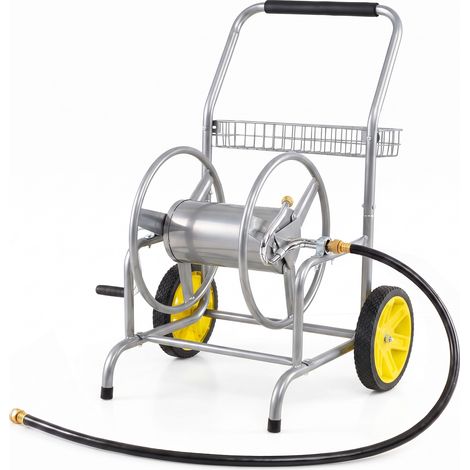 Dévidoir à Tuyau d’Arrosage Mobile sur Chariot, Enrouleur de Tuyau sur Roues Ø 25cm Capacité 90m 15mm avec Manivelle, Panier de Rangement (1/5)