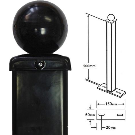 Square Ball Top Bolt-Down Blank Post, Any Railings - Solid Steel - L50 x W50 x H500 mm - Electro Galvanised/Black Powder Coated