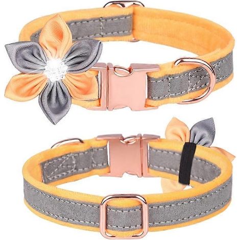 Prinz Katzenhalsband, Hundehalsband, glänzende kristallgraue gelbe Blumenschleife, Größe S, elegantes Haustieraccessoire.