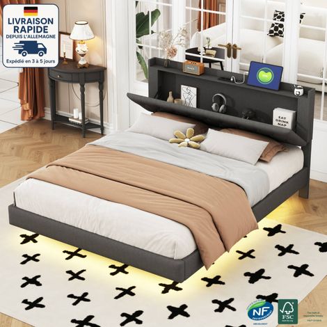 Lit adulte 160x200cm rembourré, lin, USB, LED, lit double, sommier à lattes, sans matelas, gris, (1/5)