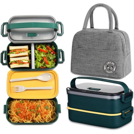 Bento Lunch Box Kit, 1600 ml Double Layer Lunch Box with Cutlery and Insulated Bag, Airtight Bento Boxes for Picnic, Work, Snack, Microwave Lunch Box (Dark Green) (1/5)