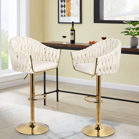 Set mit 2 Barhockern aus Samt, skandinavische Barhocker, gewebte Rückenlehne, höhenverstellbar, gepolsterter Sitz, Metallbeine, für Küche, Bar, Beige (1/5)