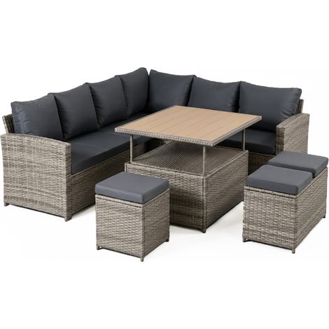 Conjunto de jardín modular de 9 plazas en resina trenzada con mesa elevable con efecto madera SAHARA