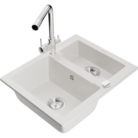 Mexen Carlos fregadero de granito de 1,5 senos con grifo de cocina Duero, blanco - 6518-20-671600-00 (1/5)