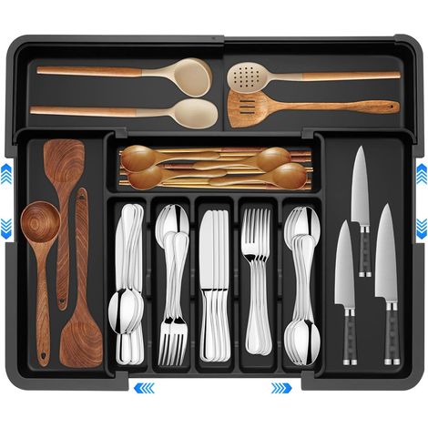 Range Couverts pour Tiroir, Organisateur Tiroir Extensible, 9 Compartiments, Noir (1/5)