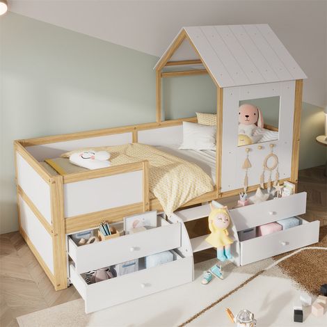 Lit cabane 90x200cm, lit enfant avec toit et fenêtre, clôture à 4 côtés, avec 4 tiroirs et petit escalier, pin+MDF+contreplaqué, blanc+naturel (1/5)