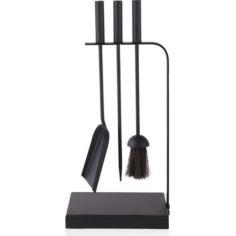 Set 4 pièces Accessoires cheminée, Fer noir, Tisonnier pelle balai support, Pour foyer poêle (1/5)
