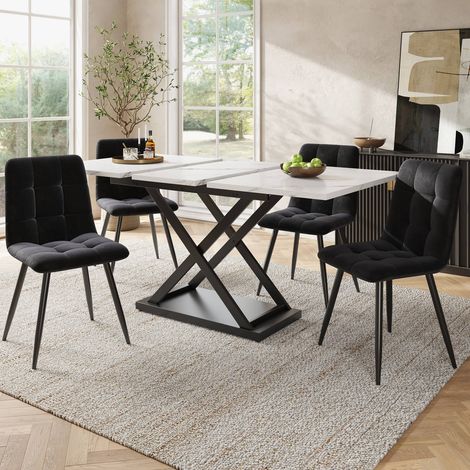 Table à manger extensible 160x80 cm avec 4 chaises, set pour 4 personnes, plateau effet marbre blanc, chaises en velours noir (1/5)