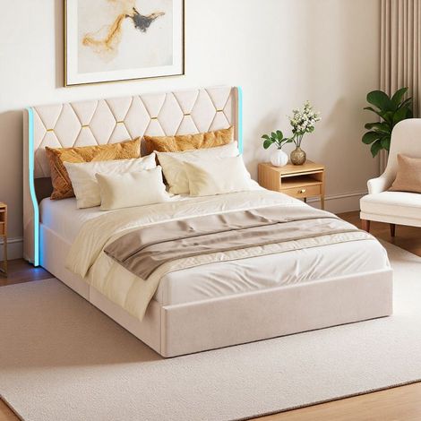 Letto 140x190 cm, LED RGB, idraulico, contemporaneo, telaio letto matrimoniale 140x190 cm, velluto, beige