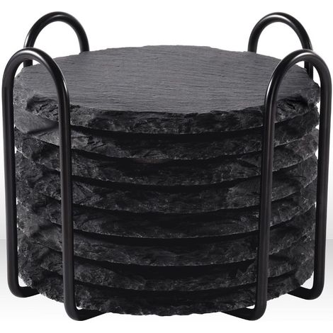 Lot de 8 Dessous de Verre Ardoise avec Support Métal - Coffret 10 cm pour Protection Tables - Décoration Maison, Cuisine, Bar - Cadeau Mariage ou Pendaison de Crémaillère (Noir, Rond) (1/4)