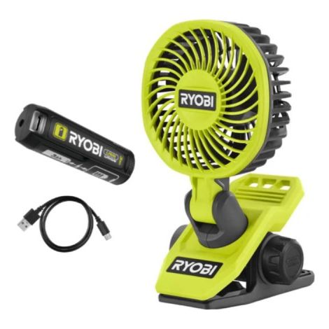 Confezione RYOBI 4V Ventola su morsetto RCF4-0 - 1 Batteria 3,0Ah - 1 Cavo USB