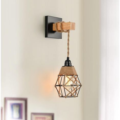 Wandleuchte aus Rattan mit 50 cm Kabel, Vintage-Lampenschirm mit Hanfseil, E27-Fassung, Montageset für Schlafzimmer, Küche, Balkon, Flur (1/5)