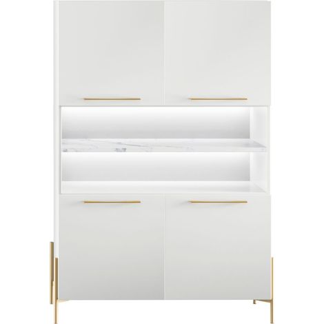 Buffet haut 4 portes laqué blanc plateau marbré pieds et poignées métal doré + Leds - CARAT