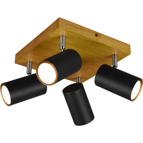 Plafoniera Led 4 Spot GU10 5W Cilindo Nera base Legno Marley GD Trio (1/3)
