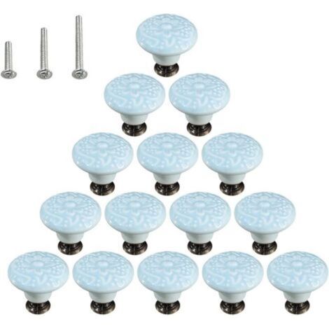 Lot de 15 poignées de commode en céramique brillante style champignon avec 3 vis de montage, bleu ciel