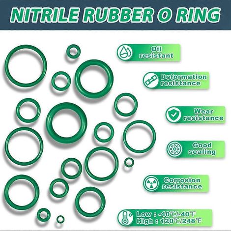 595-teiliges O-Ring-Set für Kfz-Klimaanlagen, einschließlich verschiedener grüner Gummidichtungen, Unterlegscheiben und Werkzeuge.