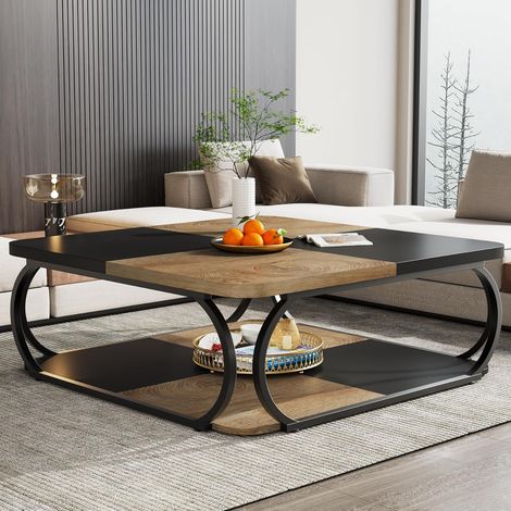 Tribesigns Tavolino da Salotto Quadrato, 100 x 100 x 50 cm, Tavolino in Legno, Tavolino da Salotto Industriale, Grigio e Nero (1/5)