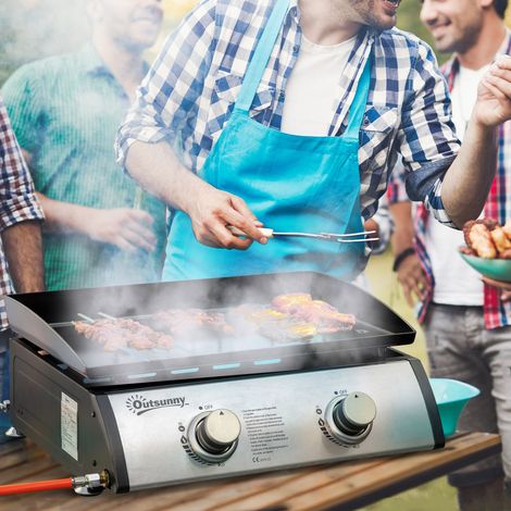 Parrilla De Mesa Parrilla De Gas Barbacoa Con 2 Quemadores, Parrilla De Gas De Mesa Con Manguera, Placa De Parrilla Antiadherente, Parrilla De Camping, Acero Inoxidable + Metal, Plata