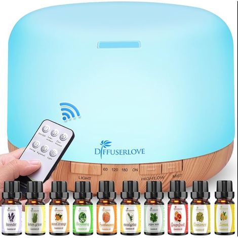 Diffuseur d'Huiles Essentielles Electrique 500ML Télécommande Arômes Humidificateurs avec Design Muet, Minuterie et Arrêt Automatique sans Eau pour Bureau Salon, LED (1/5)