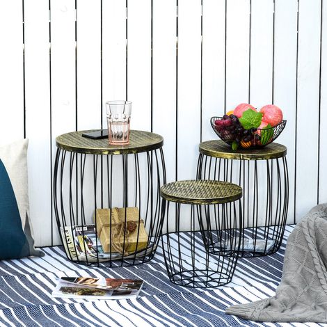 3er-Set stapelbare Gartentische im Industriestil, Metalltische mit schwarzer Tischplatte in Rattan-Optik.