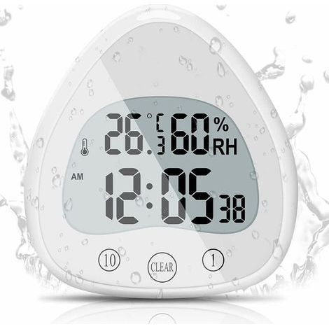 Badezimmeruhr, LCD-Digitalwecker mit wasserdichter Touch-Duschuhr, wasserdichten Timern, Thermometer, tragbarer Display-Uhr mit Saugnapf zum Kochen, Lernen (1/5)