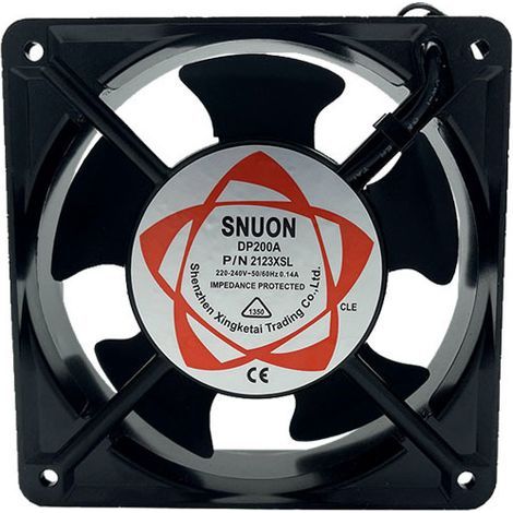 Ventilateur axial intégré haute température à pales silencieuses pour tiroirs de cheminée. Dimensions universelles : 120 x 120 x 38 mm.