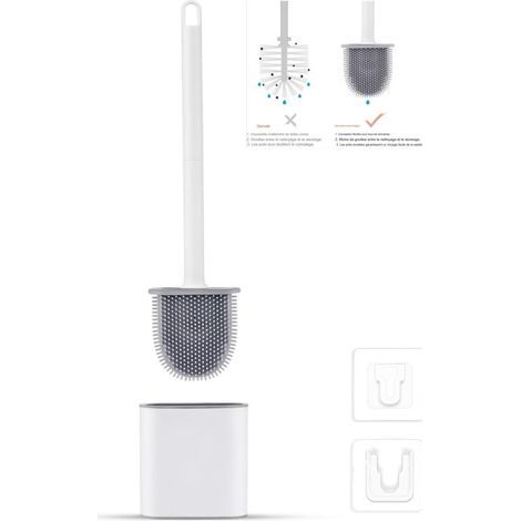 Flache Silikon-Toilettenbürste mit Halterung, tropffrei, antibakteriell, belüftet, schnelltrocknend und geruchsneutral, zur Wand- oder Bodenmontage, für Bad und WC, weiß (1/5)