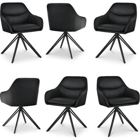 Bon Furni Piel Sintética Silla de comedor Negro, Set de 6, giratoria 360°, acolchada gruesa, ergonómica con reposabrazos