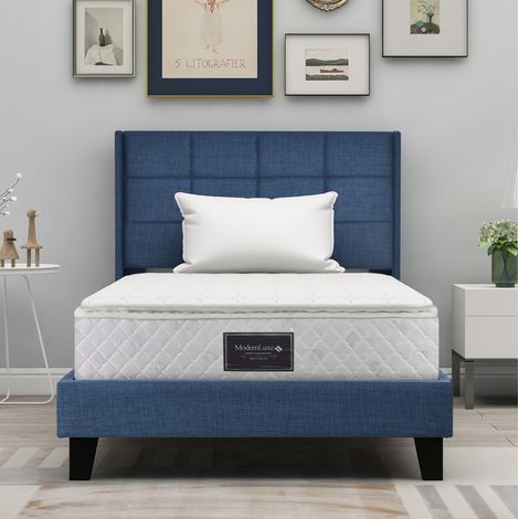 Cama tapizada de lino azul 90x200 cm con cabecero acolchado, somier de láminas y colchón de muelles ensacados H3 (1/5)