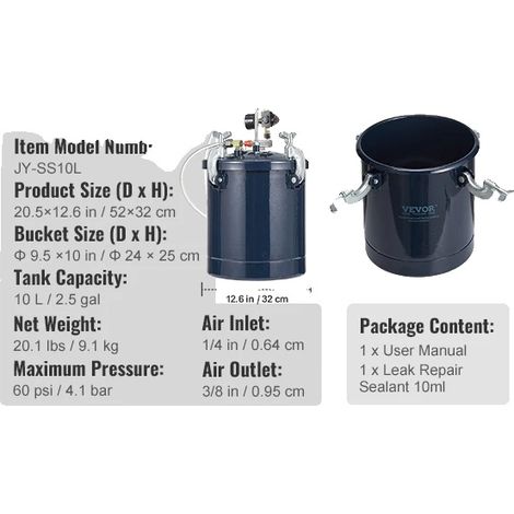 Pot de peinture sous pression, capacité de 10L, pression réglable, 10L 60psi 4.1bar (1/2)