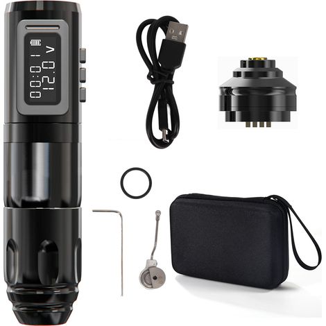 Tatoueuse Rotative Professionnelle Sans Fil avec Écran LCD, Batterie 2400mAh, Moteur Sans Noyau, Stylo RCA Noir pour Salon (1/5)