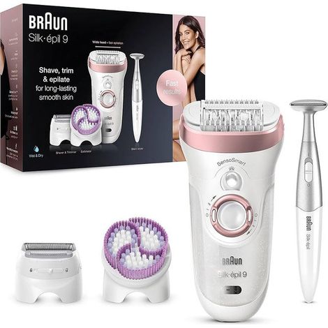 Braun Silk-Épil 9 SES9-061 Epilatore Elettrico Wet & Dry, 40 Pinzette, 2 Velocità, Uso Asciutto E Bagnato, Argento