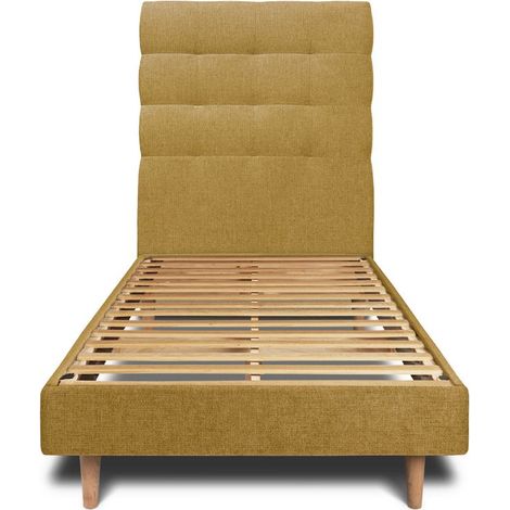 Lit 90x190cm avec tête de lit capitonnée tissu et sommier kit jaune - Hauteur totale : 29cm (1/5)