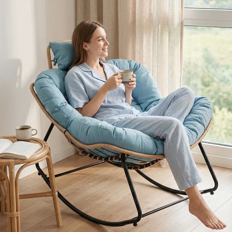Fauteuil à bascule œuf - Fauteuil de balcon - Assise large - Rotin PVC - Fauteuil détente jardin - Bleu ciel