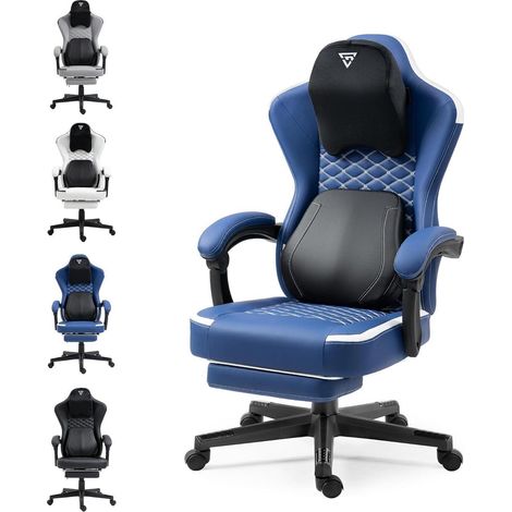 Gaming Stuhl mit beheizter Massage und Fußstütze, blau (1/5)