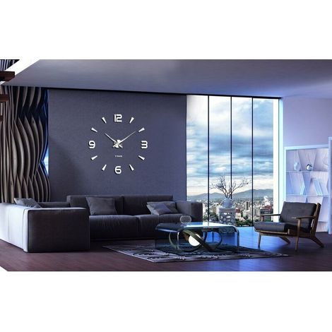 Reloj de pared 3D XXL sin marco para armar, espejo silencioso autoadhesivo, decoración para el hogar/oficina (2 años de garantía) (Plata-73) (1/3)