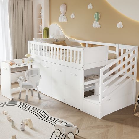 Fortuna Lai – Lit mezzanine 90x200cm – Lit enfant avec bureau coulissant, penderie et casiers intégrés – Pin et MDF blanc – Certifié EN747 - 2casiers (1/5)