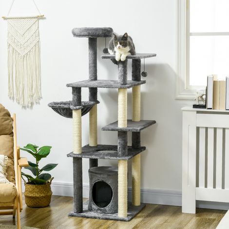 Grande tour 144 cm 49x49x144 cm gris pour chats avec griffoirs, plates-formes de grotte et boules suspendues 49x49x