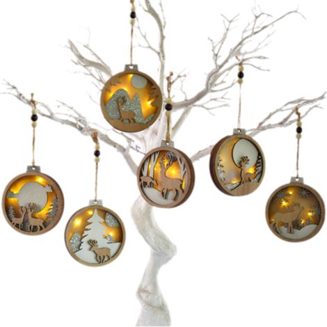 Lot de 6 décorations renne en bois à LED, suspension laser, pour sapin de Noël et intérieur (1/5)