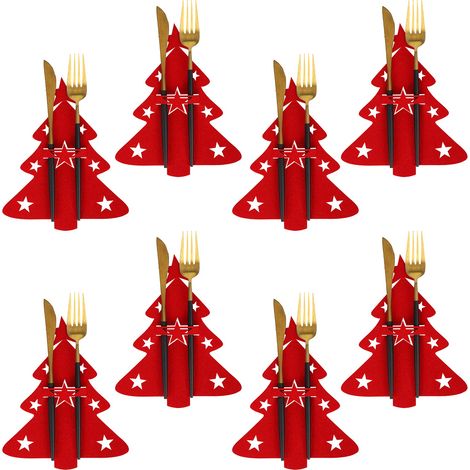 8 Pièces Porte-Couverts de Noël Décorations de Table de Noël Porte-Couverts en Forme d'Arbre de Noël Mignon Couteaux Fourchettes Vaisselle Cuillère Serviette Sacs pour Fête Restaurant Cuisine Décor (1/5)
