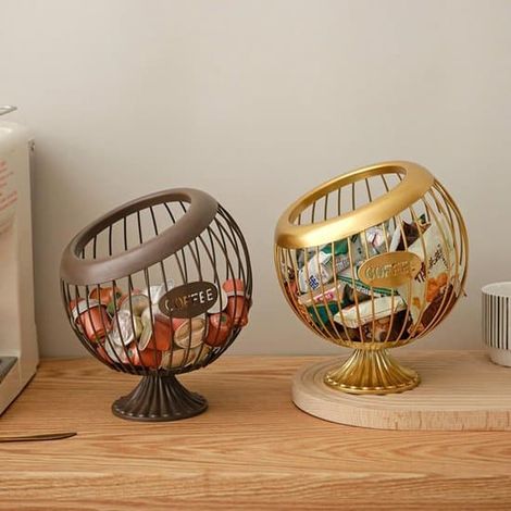Petit espace de rangementCorbeille à fruits en fer - Série Atmosphère - Design sphérique - Panier de rangement étanche - Organisateur multifonctionnel - Brun doré - Pour la cuisine, le salon, (1/2)