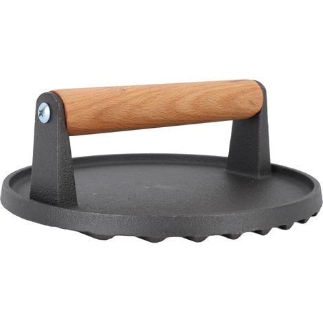 Presse à steak en fonte avec poignée en bois et fond texturé pour grillades, hamburgers, sandwichs, légumes et barbecue. Ronde. (1/5)